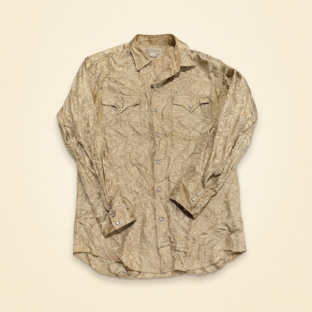 Vintage Caravan Western Shirt Mens Medium 16 Gold Metallic Damask Pearl Snap